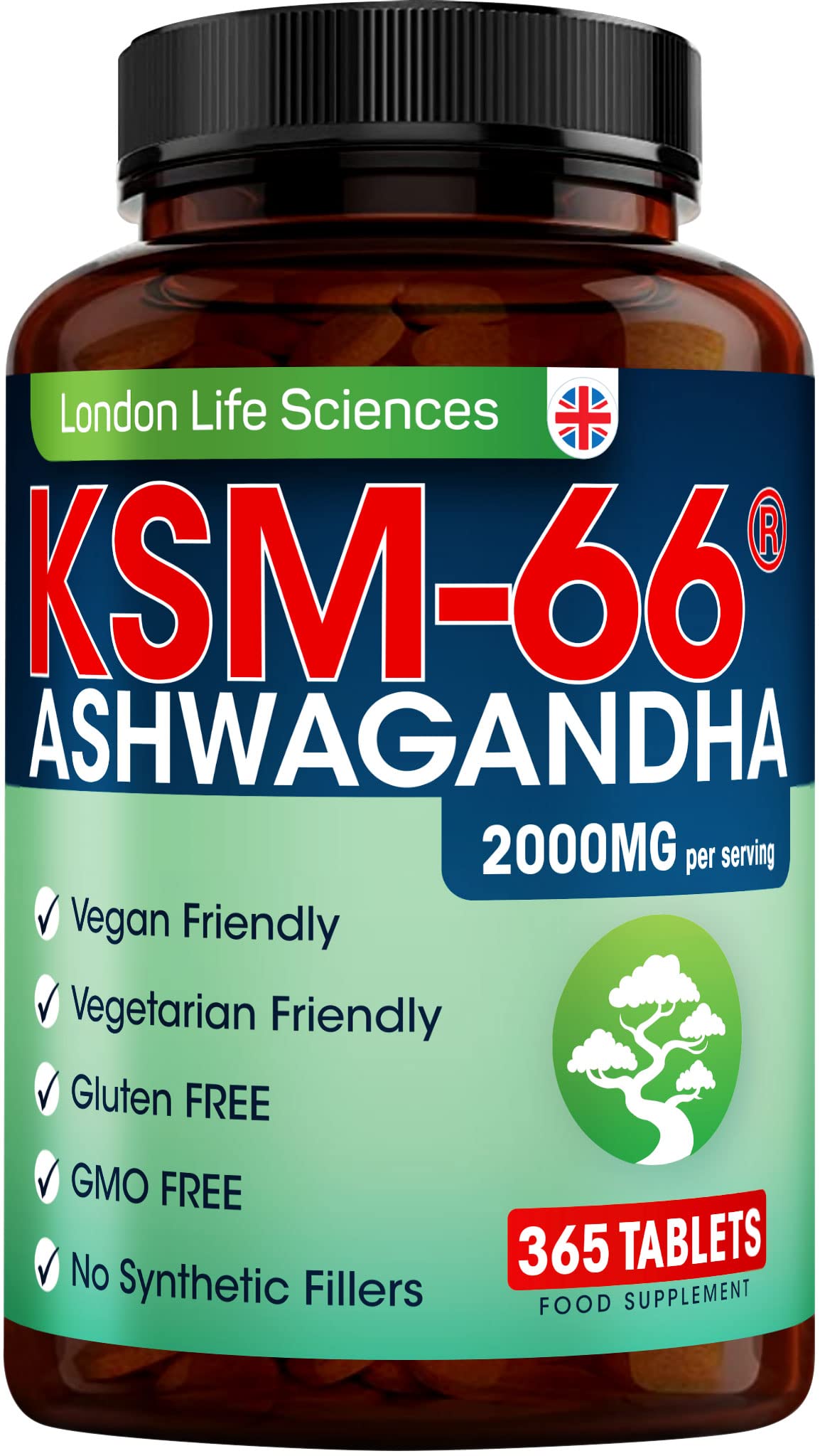 LONDON LIFE SCIENCES 365 Tablets KSM-66 Ashwagandha 2000mg +5 Percent Withanolides Highest Concentration Vegan Organic Root Extract UK Supplier London