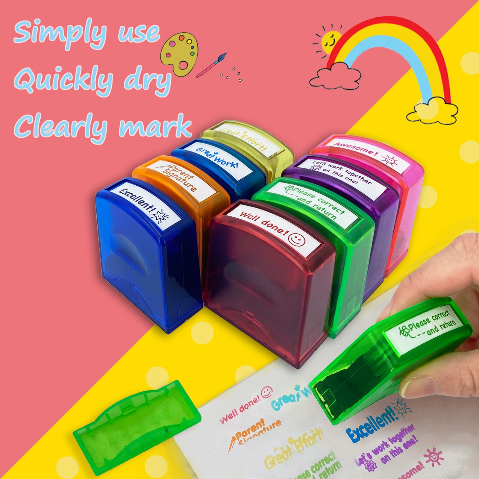 Teacher Stamps for Grading Classroom,Parent Signature Self-Inking Teacher Stamp Set School Supplies Stamps for Homework Reward with 8 pcs Classroom Supplies for School Elementary(Rainbow)