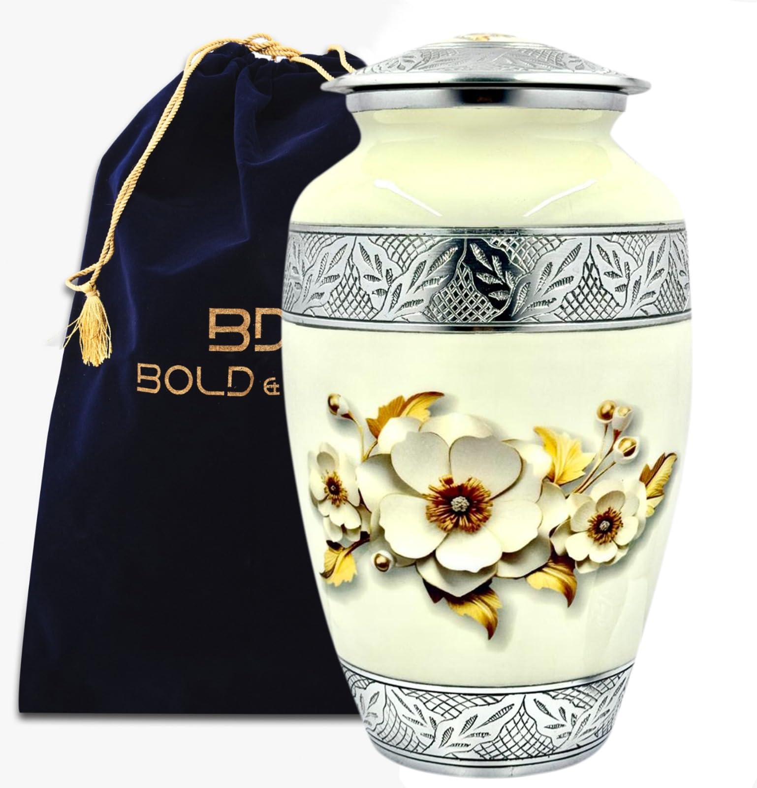 Handcrafted Urn for Ashes Adult Male and Female - Cremation Urns for Human Ashes Adult Man and Woman - Decorative Funeral Urns - Memorial Urn with Pearl Flower Finish - Includes Velvet Bag - Large