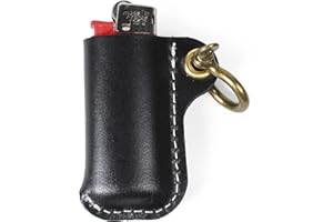 HUMWE Leather Lighter Case Holder for BIC Mini Size Lighters Sleeve Cover Genuine Leather Case Pouch with Metal Horseshoe Shackles for Keychain Pendant (Black, Mini)