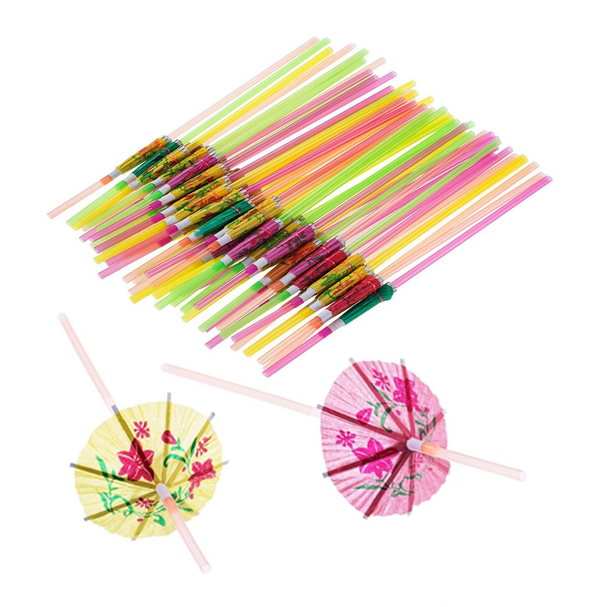 100 Pcs Disposable Umbrella-Shaped Straws Flexible Bendable Table Decor Straws for Hawaiian Tropical Drinks Soft Drinks Cocktail Bars Restaurants Luau Party Supply Beverage Decorations