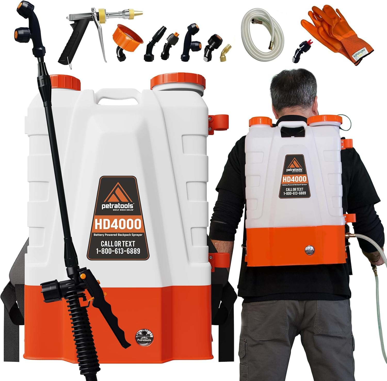 PetraTools Battery Powered Backpack Sprayer 4 Gallon - 6 Hours Long Battery Life & Padded Straps for Comfort - HD4000 Electric Backpack Garden Sprayer with 8 Spray Nozzles & 90PSI Pump (HD4000 ProKit) Image