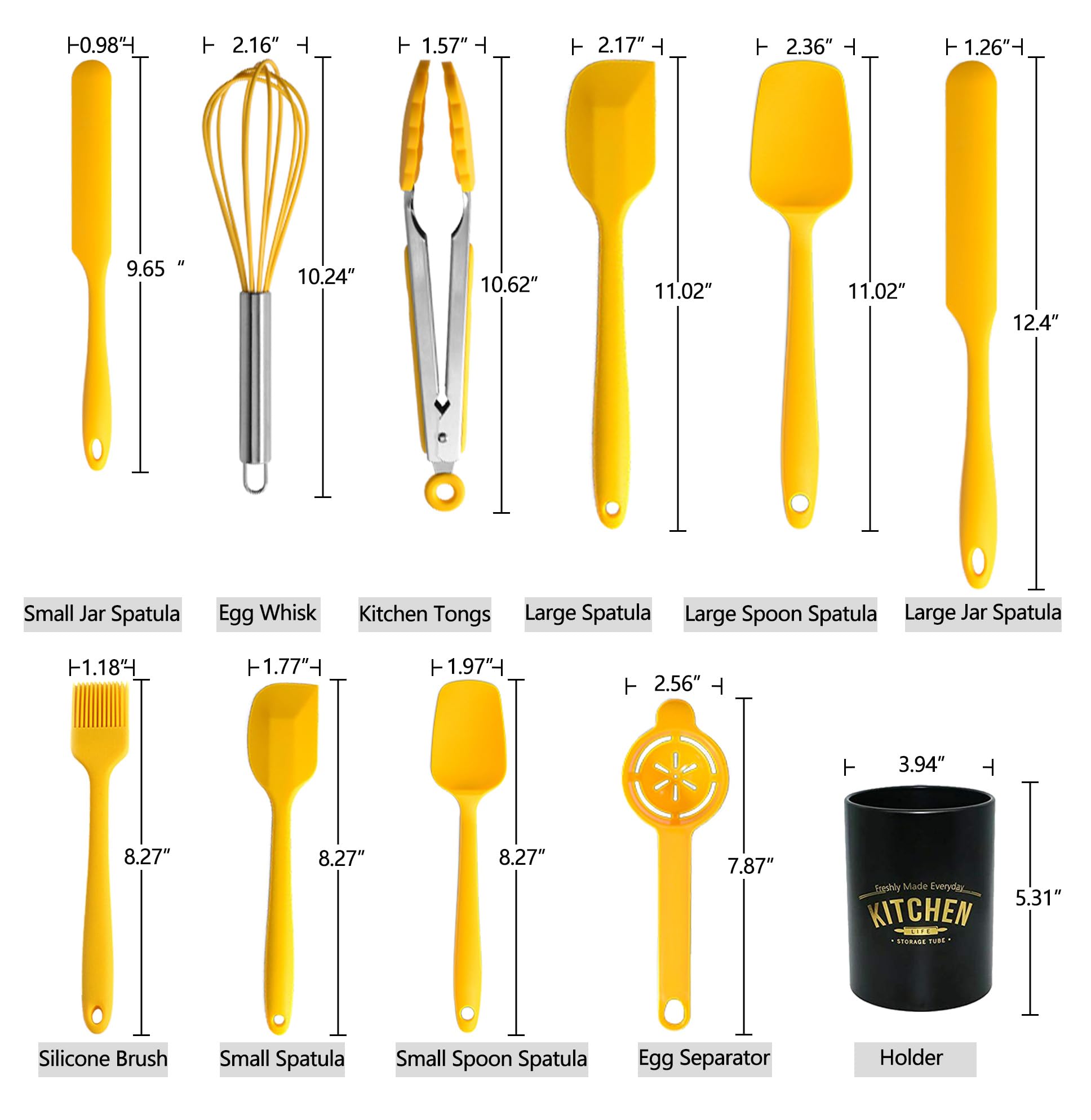 Silicone Spatula Set of 11 Kitchen Utensils with Iron Utensils Holder for Baking, Cooking, and Mixing,Cooking Spatulas Nonstick Cookware，Seamless and Flexible,Dishwasher Safe (Yellow)