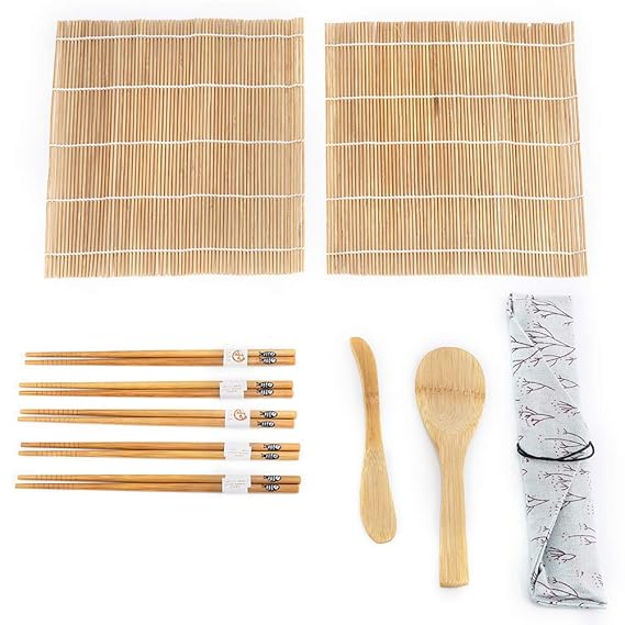 Sushi Maker Kit Bambus 9Pcs 2 Rollmatten 5 Stäbchen 1 Reis Paddel 1 Sushi Blade DIY Geschenk für Anfänger