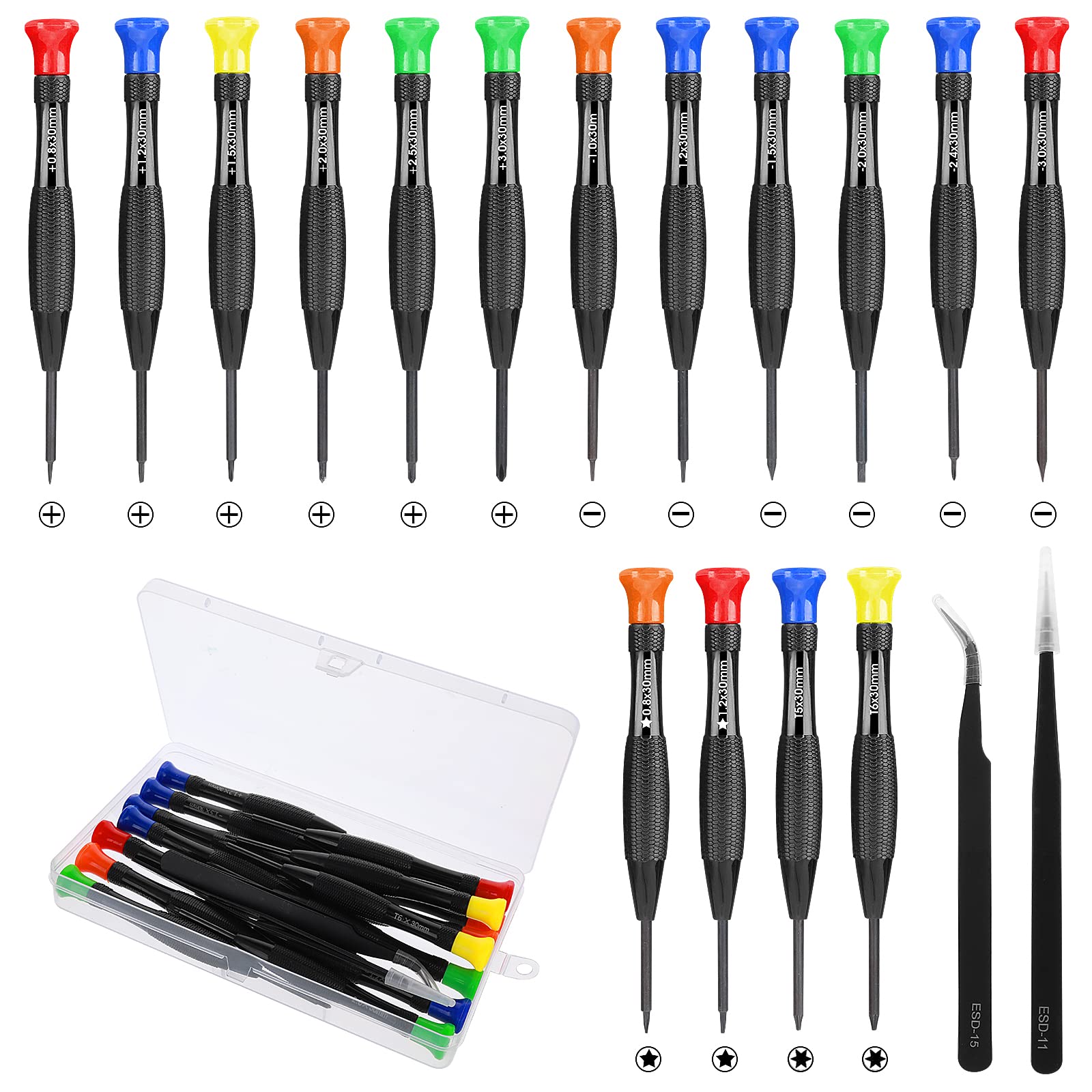ASTER Magnetic Small Screwdriver Kit, 18Pcs Mini Screwdriver Set with Slotted Phillips Torx Star Screwdrivers and Tweezers for Watch, Glasses, Phone, Laptop
