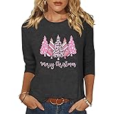 Vircreate Womens 3/4 Sleeve Crew Neck Christmas T-Shirts Merry Christmas Leopard Plaid Tree Graphic Tee Tops