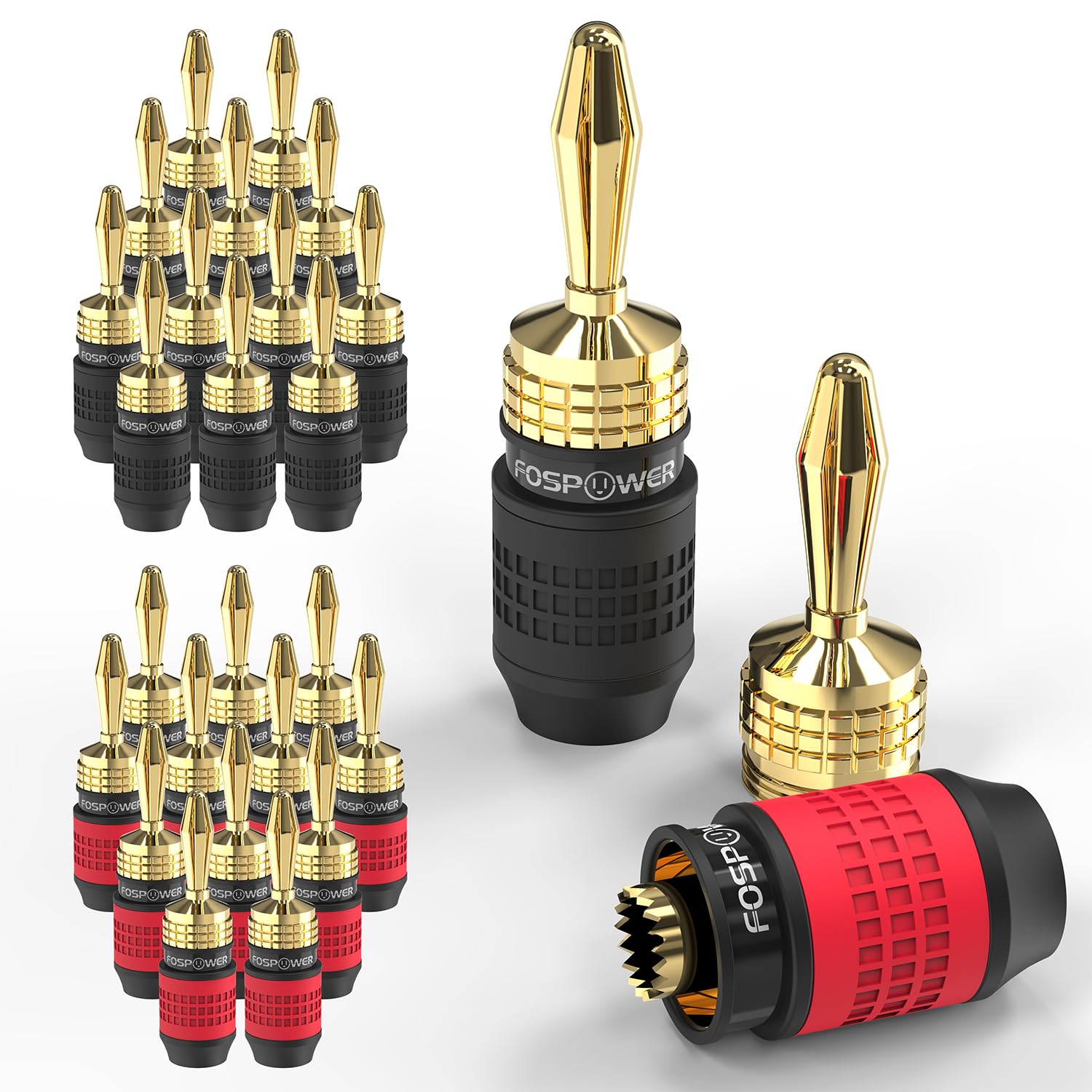 FosPower Deadbolt Banana Plugs 12 Pairs / 24 pcs, Screwless Type 24k Gold Plated Banana Speaker Plug Connectors for Speaker Wire, Home Theater, Audio/Video Receiver and Sound Systems