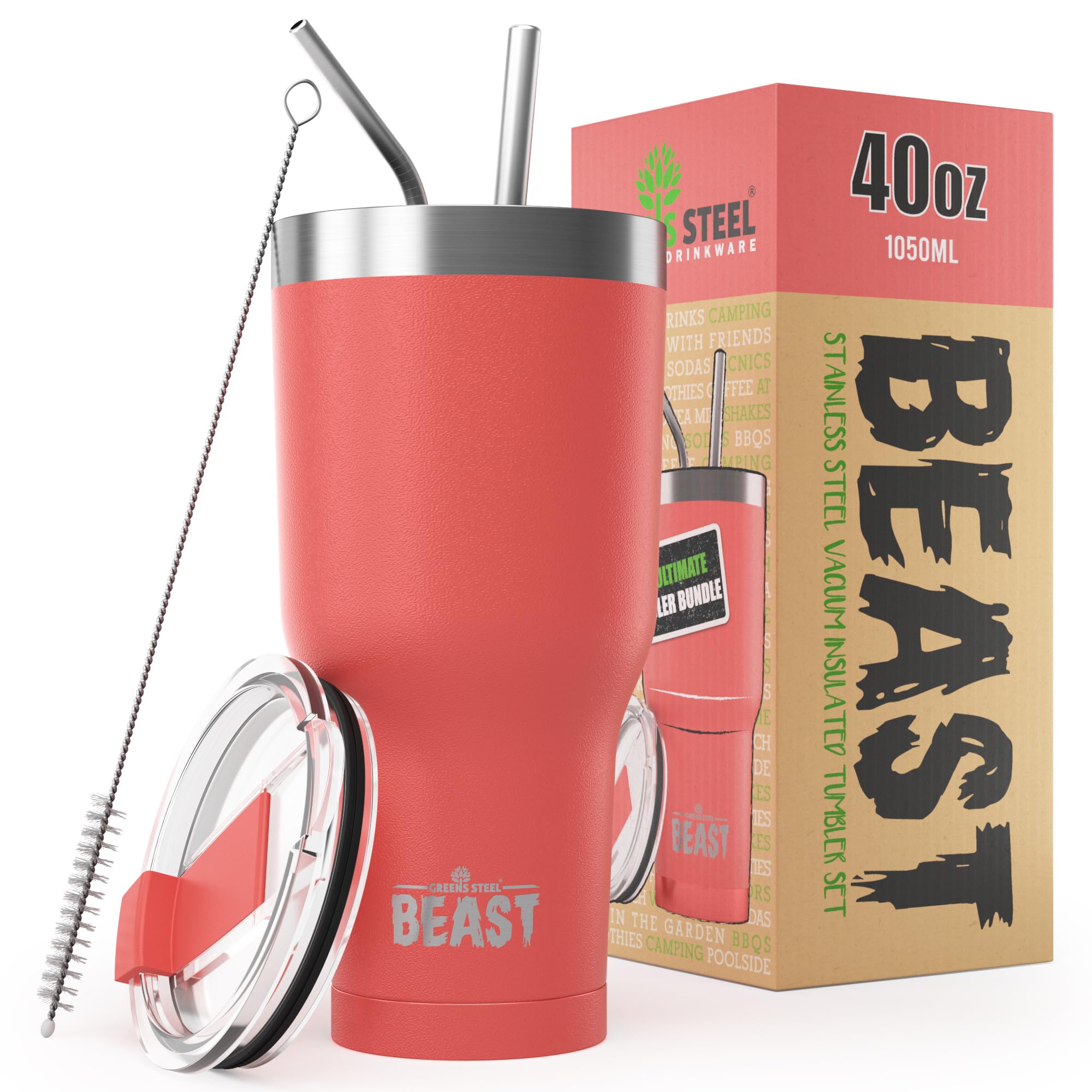 Beast Tumbler - 1050 ml (40 oz), Coral Pink | Reusable Stainless Steel, Vacuum Insulated Cup | with + 2 Straws & Cleaning Brush | Double Wall Travel Flask Perfect for Hot or Iced Coffee | BPA Free