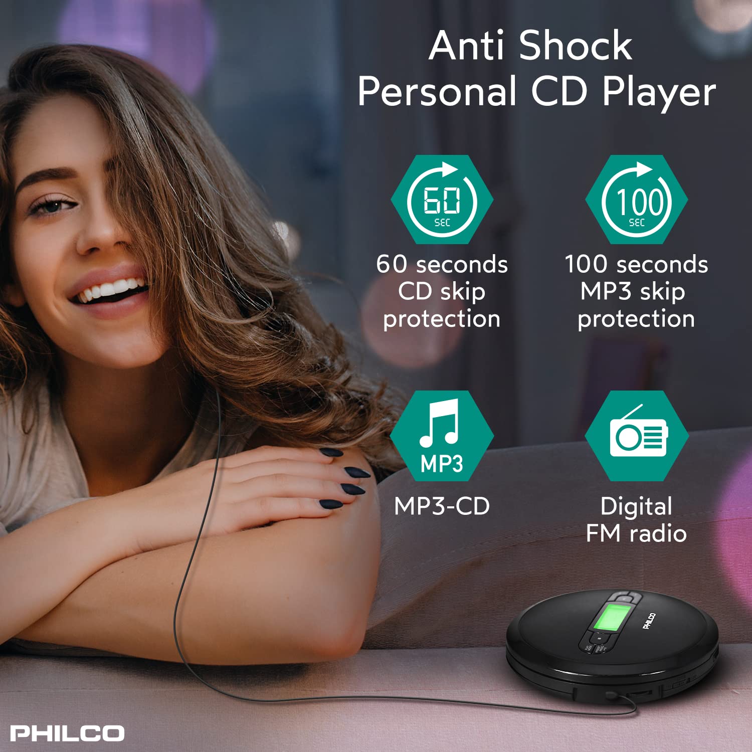 PHILCO Personal CD Player with MP3 Playback, FM Radio & 60 Second Anti-Shock