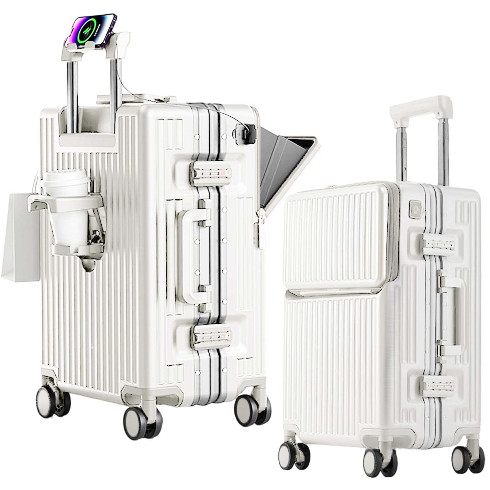 Photo 1 of 2-Piece Hardshell Zipperless Luggage Set, 20/26" Aluminum Frame Hardshell Spinner Luggage, Airline Approved Carry-On Luggage, TSA Lock, 360° Quiet Wheels With Cup Holder (White)