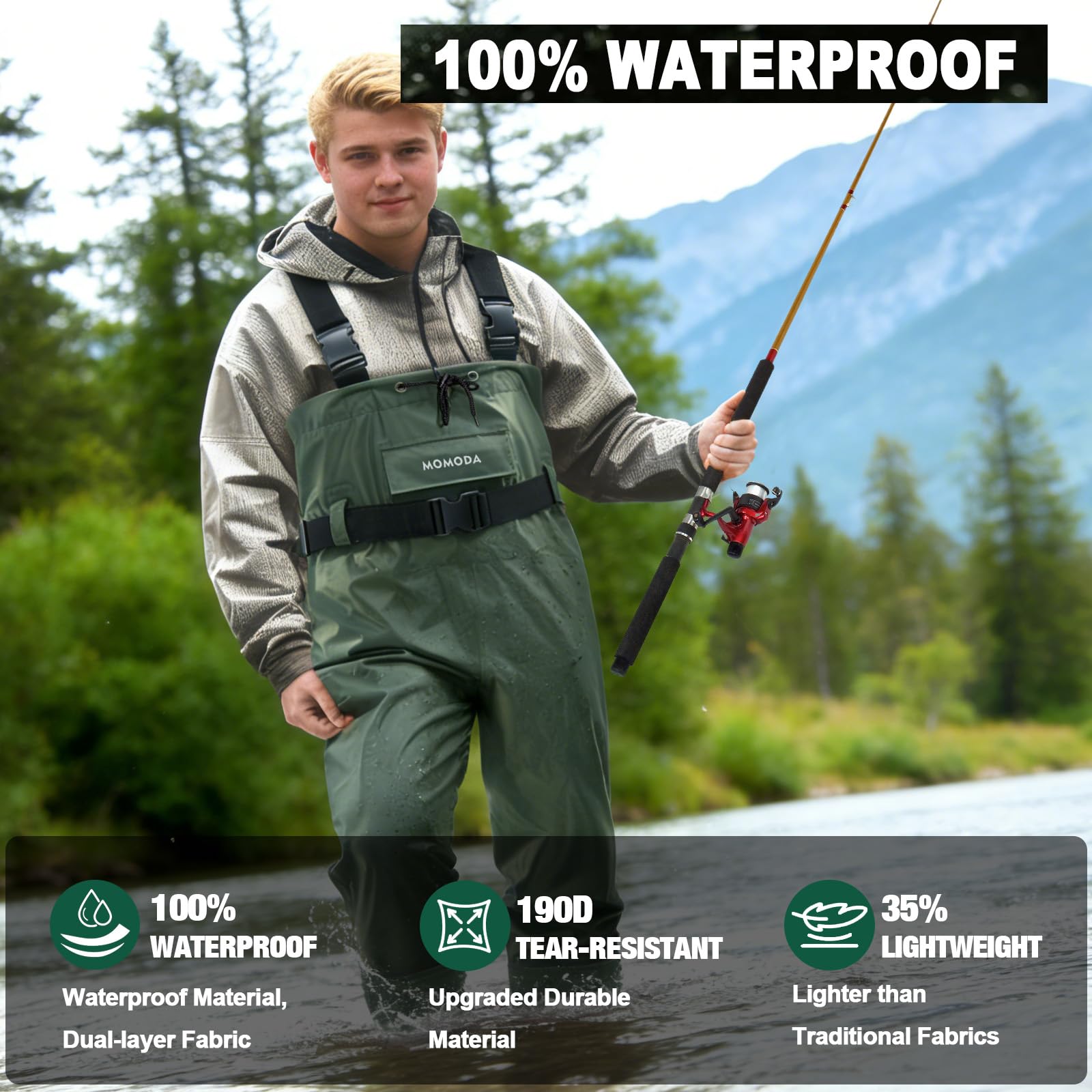 Condition photo showing New/Like New for momoda 2-ply nylon/pvc waterproof chest waders with boots – lightweight fishing & hunting waders for