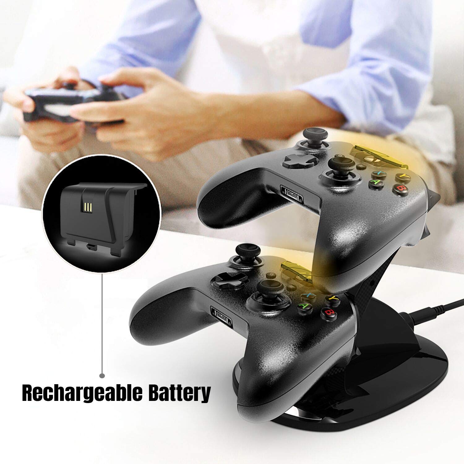 Xbox One Controller Charger, DualShock Charging Docking Station for Xbox One/One S/One X with 2x1200mAh Rechargeable Battery Pack for Xbox One Wireless Controller, Black