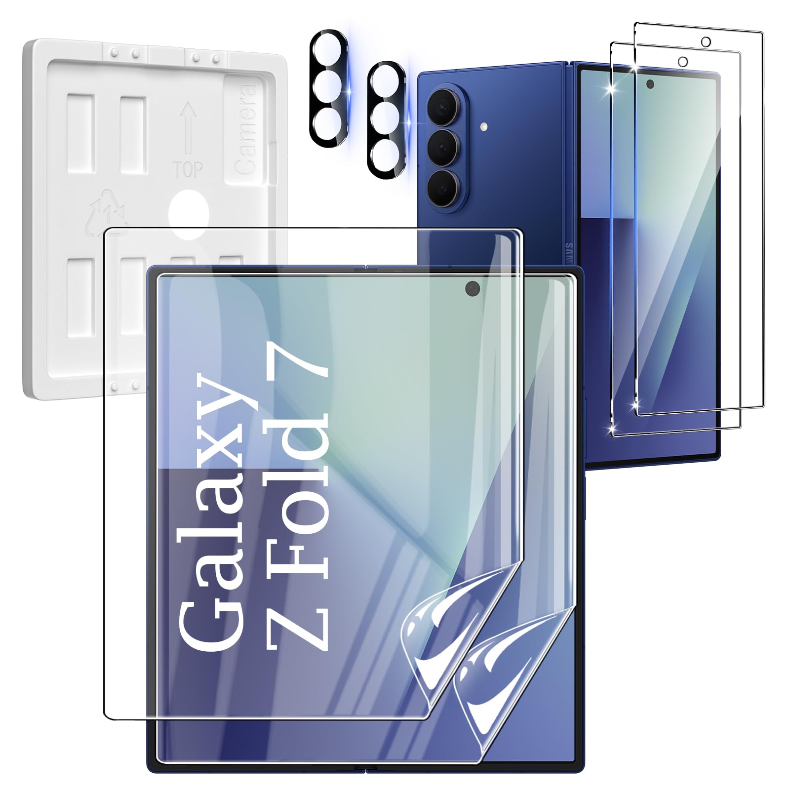 Xiezezei [2Set 6PCS] Screen Protector Compatible with Galaxy Z Fold 7 5G - 2 Inner TPU Film + 2 Outer Tempered Glass + 2 Camera Lens Protectors with Positional Mouting Frame, Bubble Free