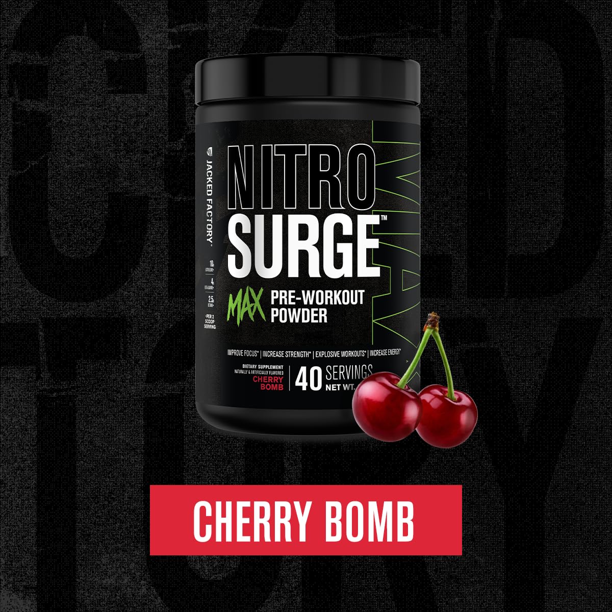 Jacked Factory Nitrosurge Max High Performance Pre Workout Powder - Pre Workout w/Nootropic Ingredients for Intense Focus, Pumps, Smooth Energy, Endurance - 40 Servings, Cherry Bomb