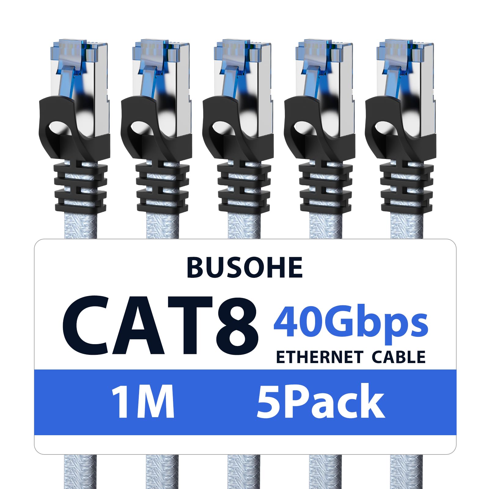 BUSOHE Cat 8 Ethernet Cable 1m (5 Pack), High-Speed 40Gbps 2000MHz Network Cable Braided Flat Gigabit Rj45 STP Shielded Internet Network Lan Cable Cord Compatible with PC, Laptop, Routers, Modem — image 1