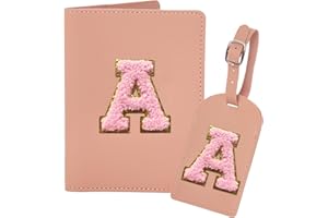 Ulico Initial Passport Cover and Luggage Tag Set,PU Leather Letter Passport Case Holder Travel Suitcase Tag, Personalized Travel Luggage Accessories Gifts for Women Kids Teenage Pink A