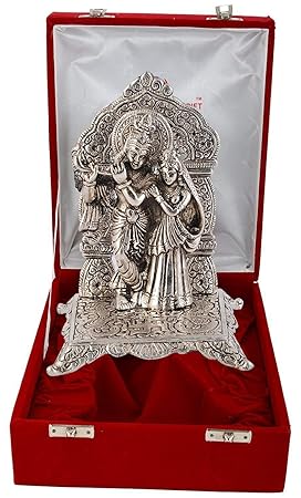 INTERNATIONAL GIFT Silver Plated Radha Krishna Idol with Velvet Box Packing and Gold Plated Ball Pen