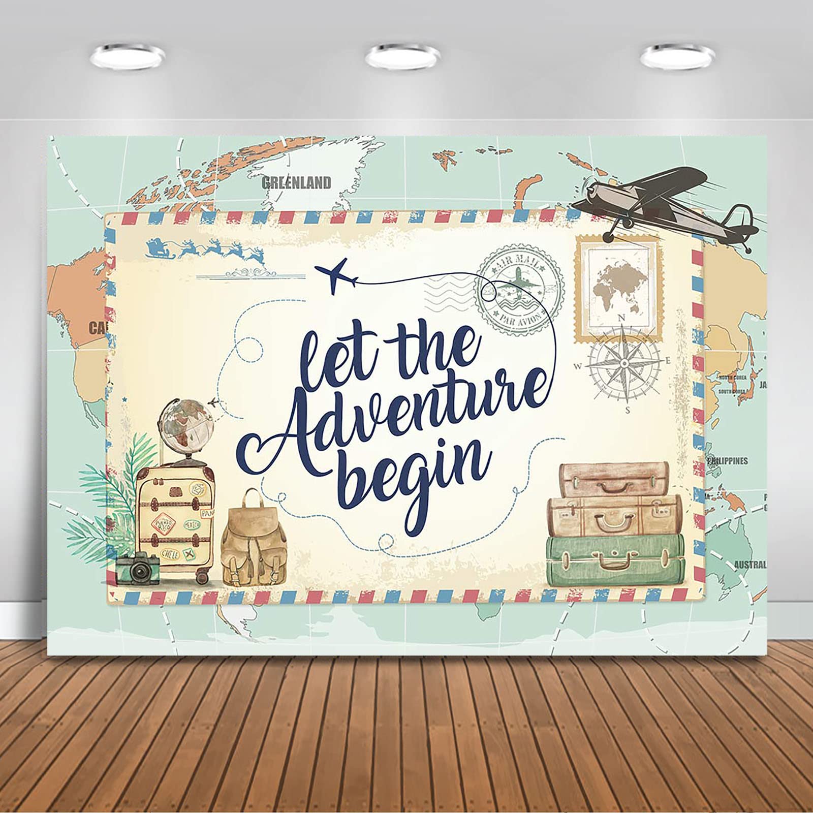 Photo 1 of Mocsicka Adventure Awaits Backdrop World Map Let The Adventure Begin Baby Shower Party Decorations Photo Backdrops Global Travel Airplane Birthday Bridal Shower Photography Background (8x6ft)