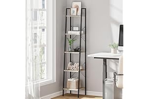 Hzuaneri 5-Tier Ladder Shelf, Narrow Bookshelf, Corner Storage Shelves, Freestanding Bookcase with 2 Hooks for Home Office, L