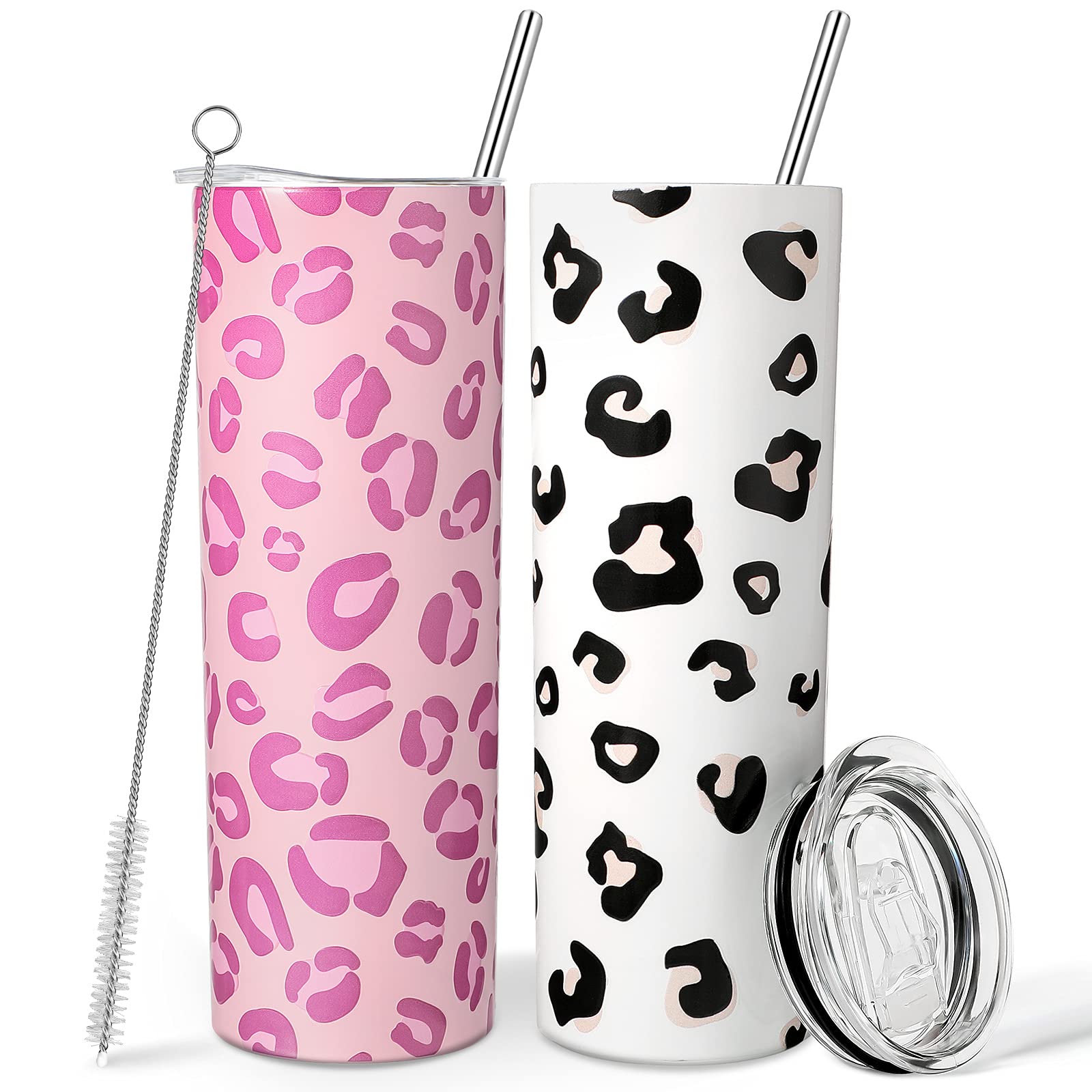 Qualirey 2 Pieces 20oz Cups Triple-Insulated Stainless Steel Tumbler Cute White and Black Stainless Steel Tumbler with Lid Stainless Steel Straw and Cleaning Brush (Leopard Print Style)