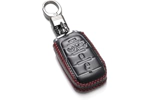 Vitodeco Genuine Leather Smart Key Fob Case Cover Protector Compatible with RAM 1500, RAM 2500, RAM 3500 2019 - 2025 (5-Button with Tailgate, Black/Red)