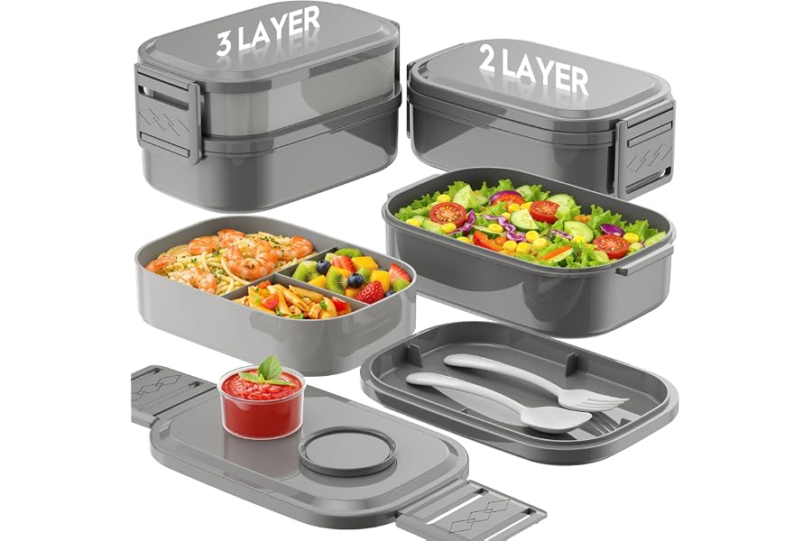 BiuLeon Bento Box Adult Lunch Box, 65 Oz Capacity Lunch Containers(Adjustable 2/3 Tier), BPA-Free, Leak-Proof and Stackable Bento Lunch Box, Microwave & Dishwasher Safe with Utensils(Gray)