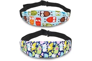 XTHUGE Baby Carseat Head Support,Car seat Straps Pillow Support Ban,Stroller Neck Relief Strap Headrest,Slumber Sling Sleep Positioner for Toddler Infants Child Children Kids（Blue Elephant + Owl）