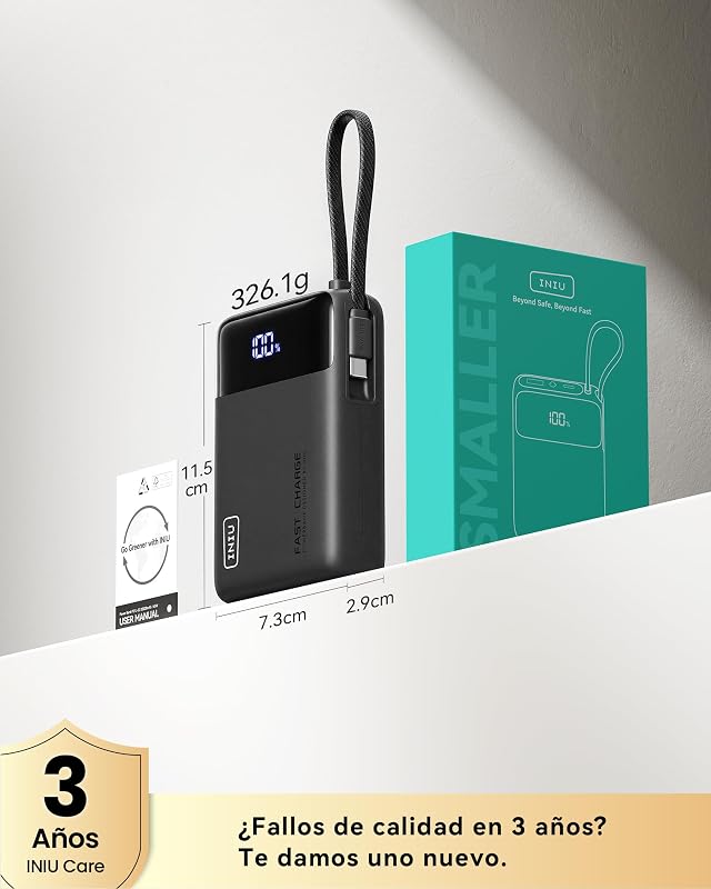 INIU Power Bank, Pequena Bateria Externa de 45W 20000mAh com Cabo USB-C Integrado, USB C In&out PD3.0 QC4.0 Fast Charge Portable Battery para iPhone 16 15 14 13 Pro MAX Samsung S22 S21 S20 iPad etc