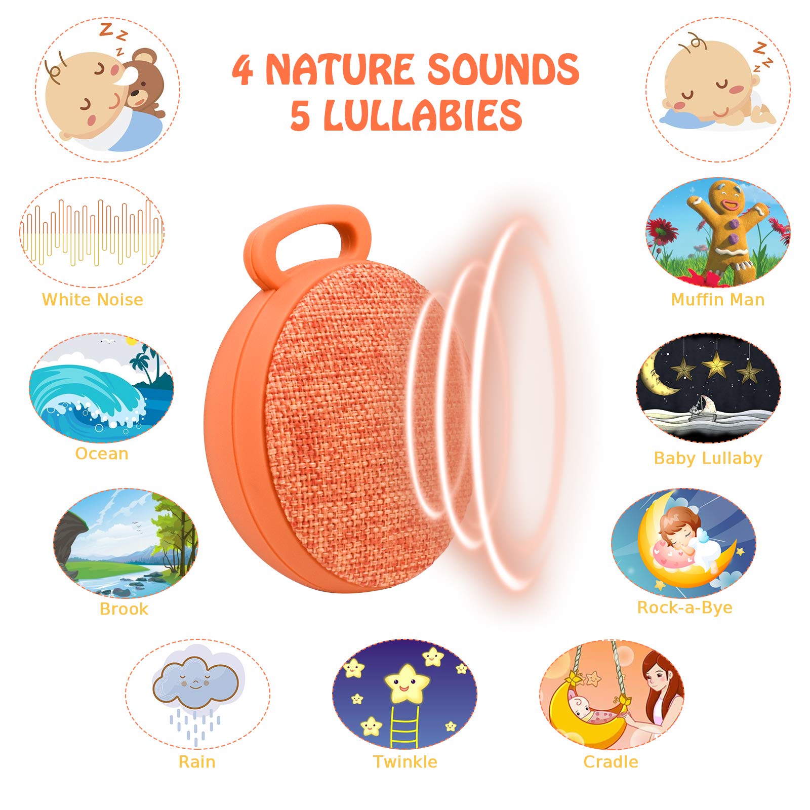 Sound Machine, L\'émouchet 9 Sounds Baby White Noise Machine, 4 Soothing Nature Sounds & 5 Lullabies, Rechargeable Battery, Much Longer Auto-Off Timer, Portable Sound Machine（102 Decibels）