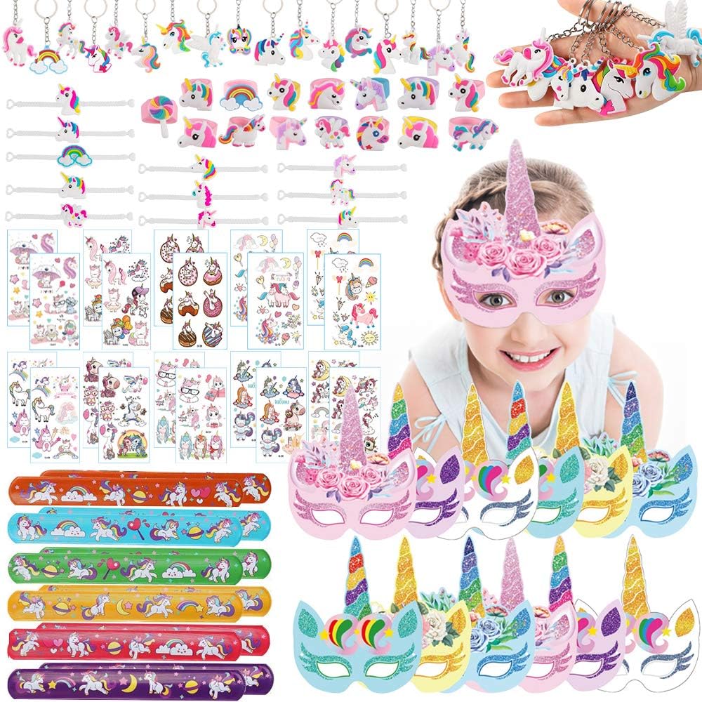 87PCS Unicorn Party Bag Fillers For Girl, Unicorn Party Supplies Toys Include Unicorn Paper Mask Slap Bracelets Keychain Ring Bracelet Ring Temporary Tattoo for kids