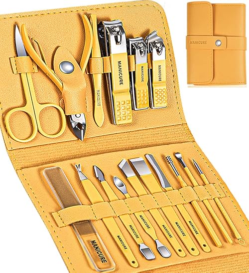 Manicure Set, Sumwitum Nail Care Kit, 16 PCS Nail Clippers Pedicure Kit, Stainless Steel Professional Nail Clipper Set with Leather for Women/Men/Friends and Parents Gifts (Yellow)