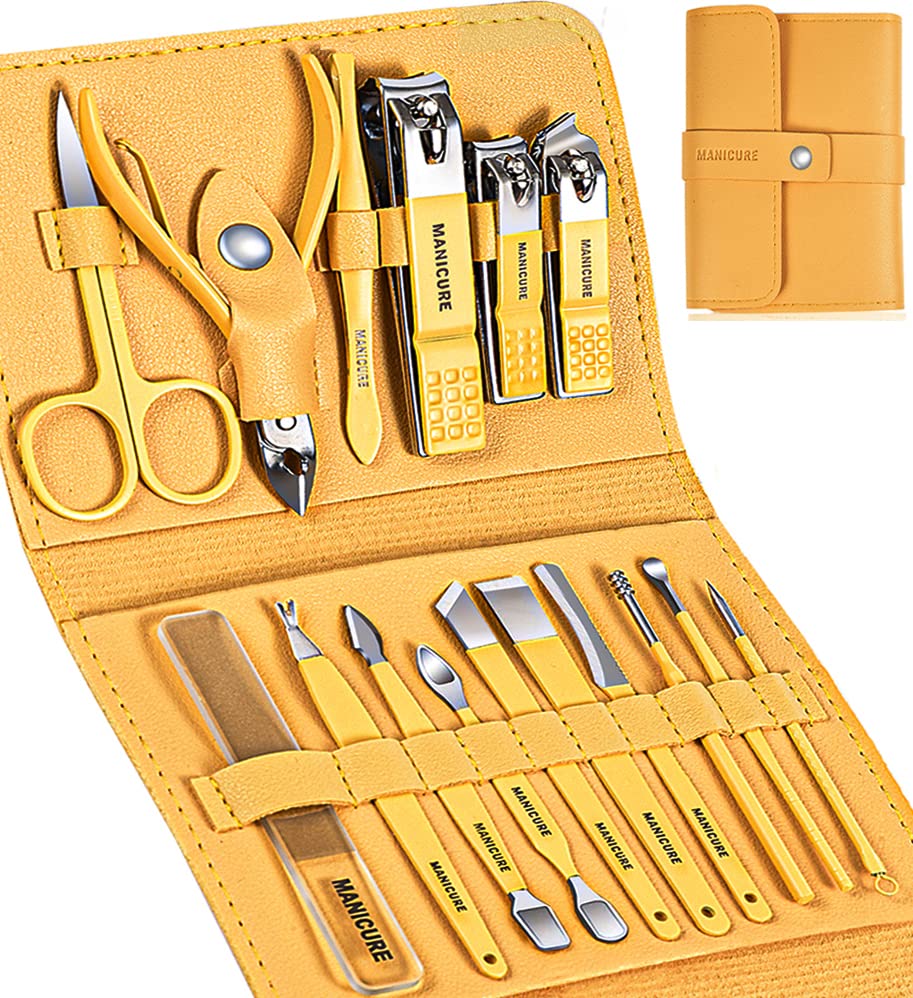 Manicure Set, Sumwitum Nail Care Kit, 16 PCS Nail Clippers Pedicure Kit, Stainless Steel Professional Nail Clipper Set with Leather for Women/Men/Friends and Parents Gifts (Yellow)