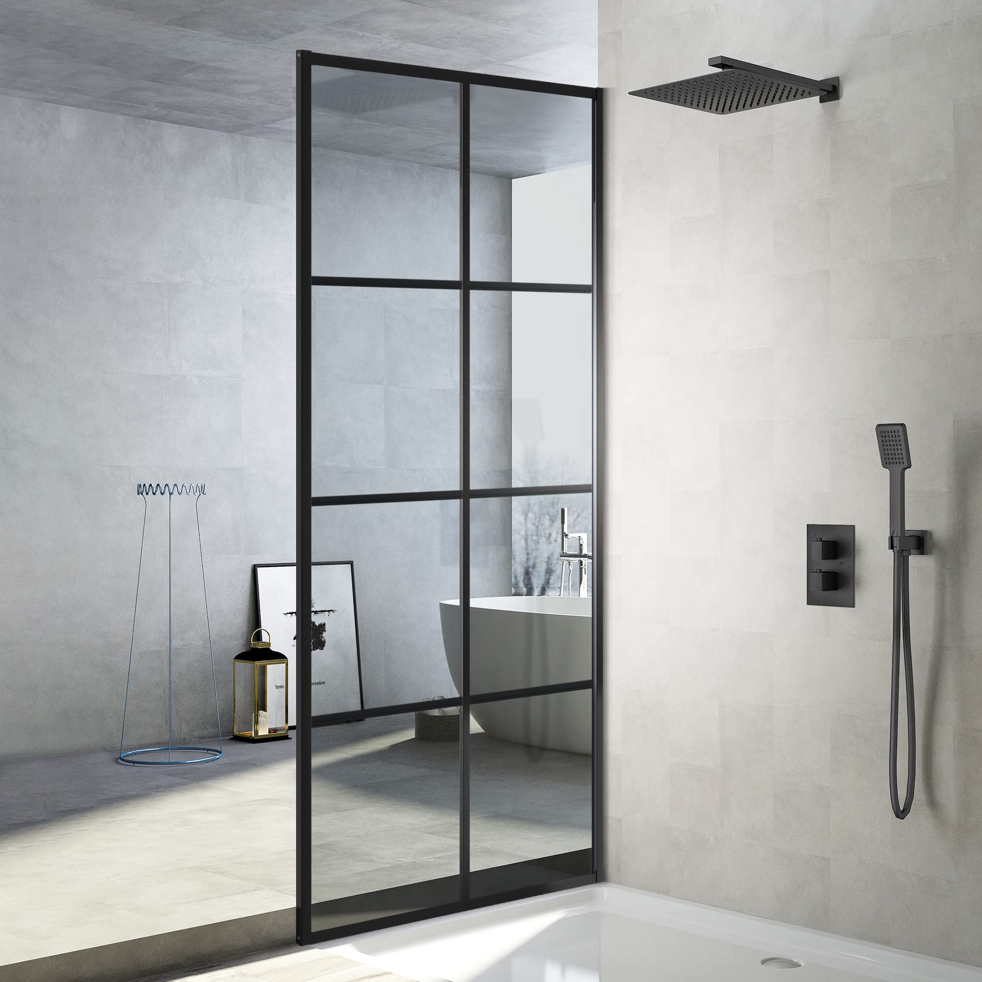 Photo 1 of Shower Door Single Panel, Framed Tempered Glass Shower Door 34 * 76 Inch for Walk-in Bathroom, Clear Glass Bathtub Shower Door with Matte Black Finish