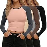 Huukeay 3 Pcs Women Raglan Long Sleeve Crop Tops Color Block Baseball Shirt Y2k Going Out Top