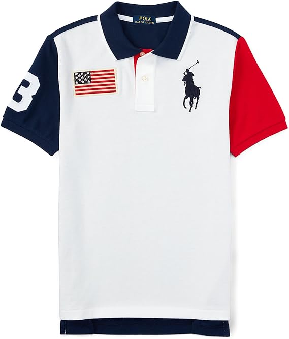 Ralph Lauren Boys Polo Shirt Amerian Flag Red White Blue Size M (1012