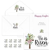 Roowest 50 Pack Easter Greeting Cards He Is Risen Cross Religious Cards 6 x 8'' with Envelopes and Stickers Inspirational Christian Spring Jesus Bible Alleluia Gift for Easter Church Priest