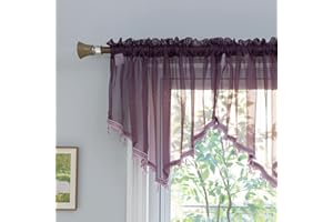 PEARAGE Beaded Sheer Valance Curtains for Living Room,Rod Pocket Farmhouse Window Valance, Bead Trim Tassel Voile Sheer Curtain Valance for Bedroom Bathroom Cafe 51x24 Inches (Dark Purple) 1PC