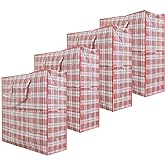 Set of 6 Jumbo Plastic Checkered Storage Laundry Shopping Bags W. Zipper & Handles Size 27" H X 25" L x 8.5" W Inch Assorted Color