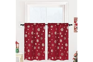 FRAMICS Snowflake Foil Print Tier Curtains - 36 Inch Length, Rod Pocket Red Christmas Curtains for Kitchen, 26" W x 36" L, 2 Panels