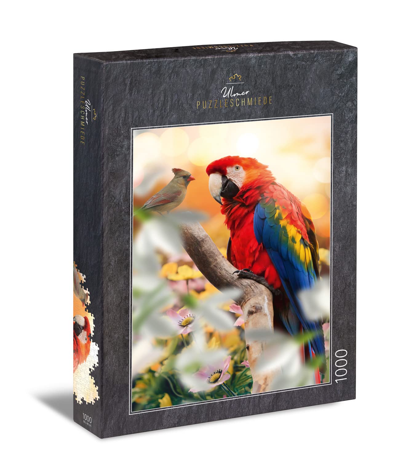 Ulmer Puzzleschmiede - Puzzle "Parrot" - Classic 1000 piece puzzle - Colourful animal puzzle, cleverly designed with the little bird as a contrast in colour and size to the colourful parrot