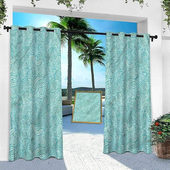 Cortinas de porche al aire libre impermeables, color aguamarina, hojas