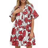 lazvmu Women's Summer Button Down Shirt Dress Floral Puff Short Sleeve Casual Loose Fit Beach Mini Dresses