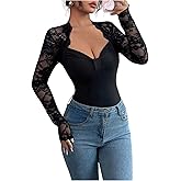 SweatyRocks Women's Lace Long Sleeve Slim Fit Going Out Sweetheart V Neck Shirt Top