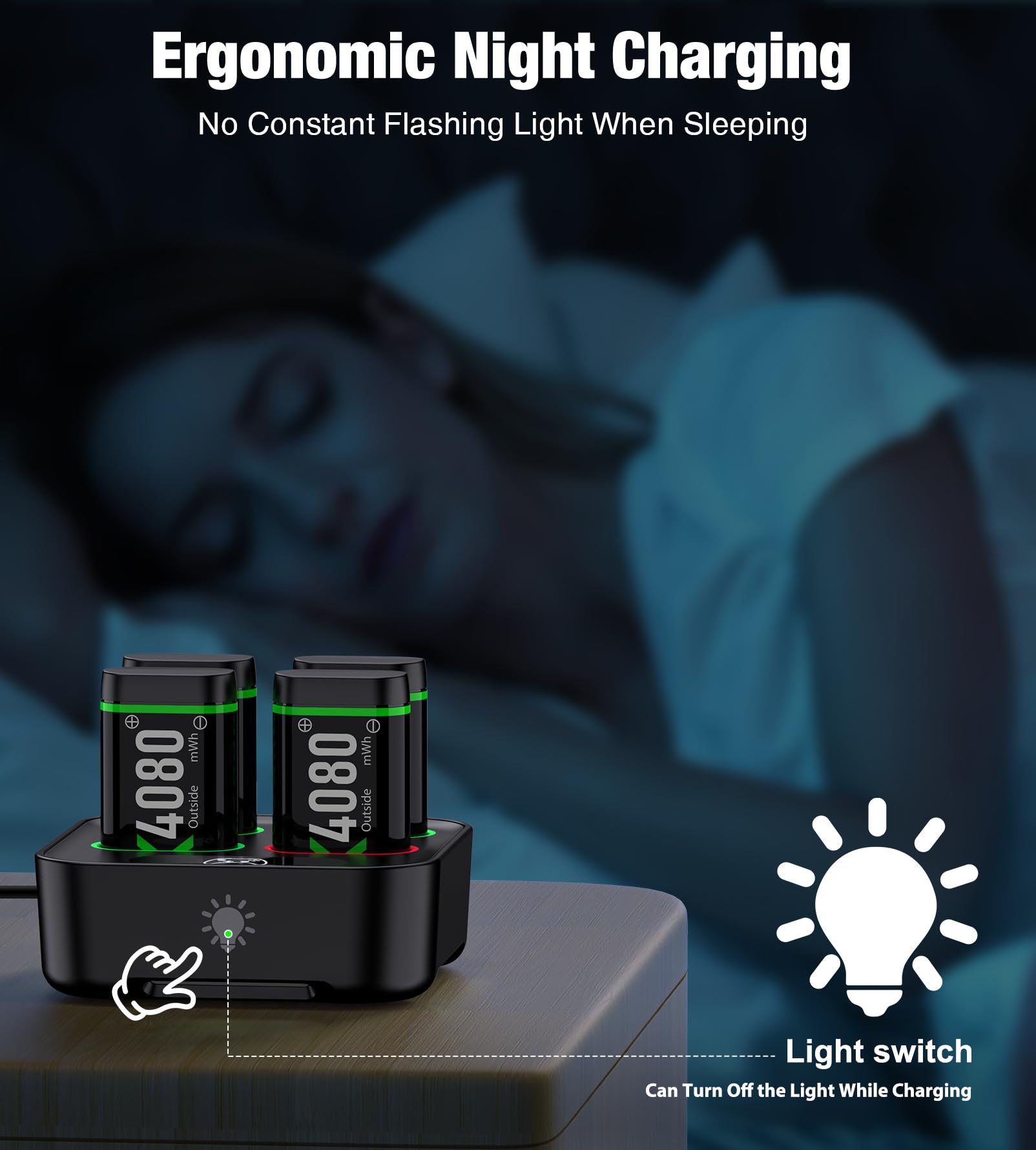 Upgraded Fast Charging Rechargeable Battery Packs for Xbox, 4 x 4080mWh Xbox Controller Batteries with Charger Dock & Light Control for Xbox Series X|S, One S/X/Elite Controllers, Console Accessory