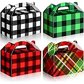 Clabby 24 Pcs Christmas Treat Boxes with Handles 3D Christmas Cookie Gift Boxes Cardboard Goodie Candy Bags Xmas Santa Elf Snowman Elk Gingerbread Holiday Party Favor Supplies, 4 Design(Plaid Style)
