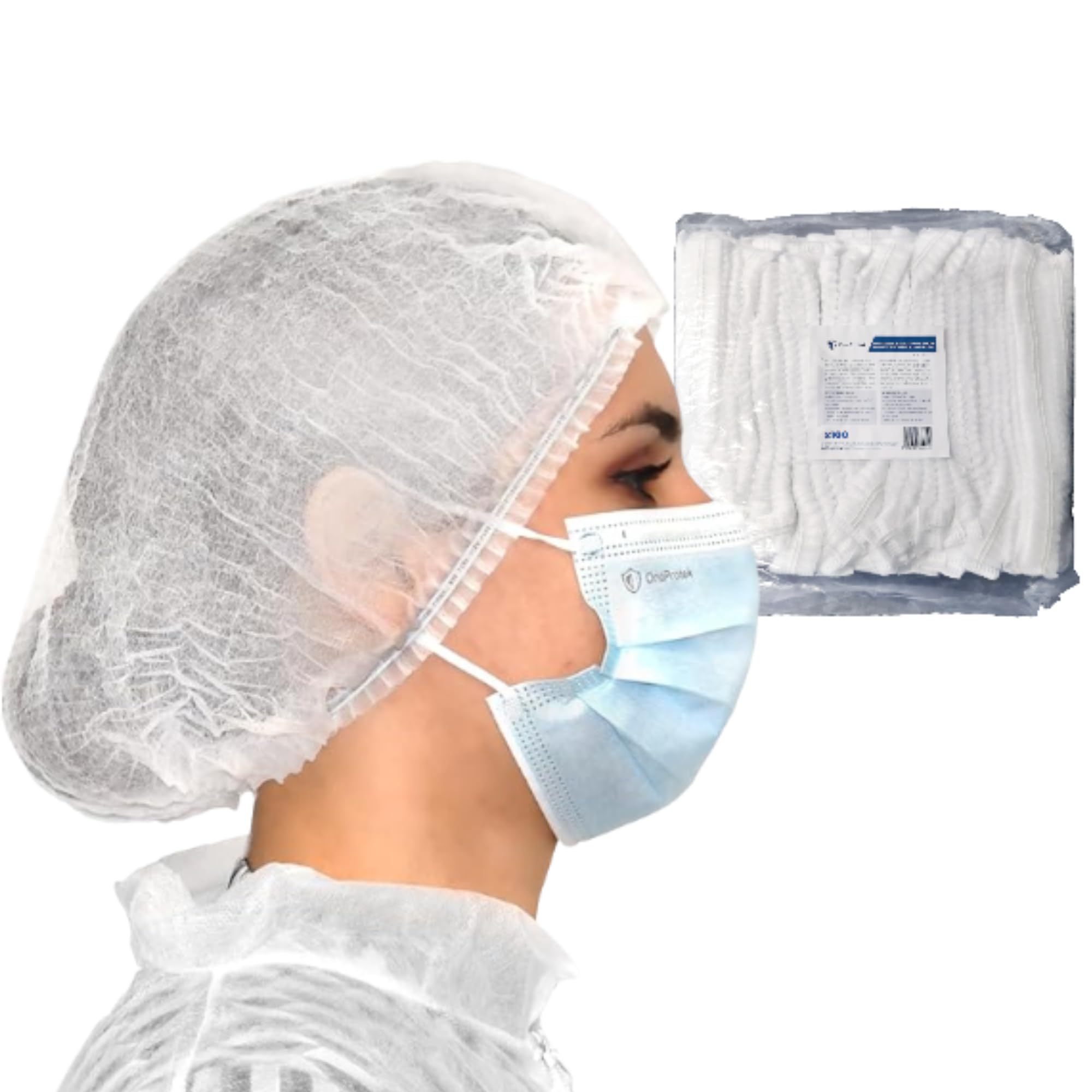 OneProtek - 100 Disposable Hair Nets, Medical Hair Cover, Non-Woven and Stretchy Bouffant Surgical Caps Shower Hat -white