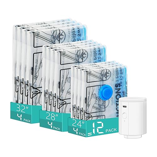 Vacuum Storage Bags,12 Pack Vacuum Bags with Electric Pump,Vacuum Pack Bag for Clothes,Storage,Travel,Luggage,Blankets(4 Large, 4 Medium, 4 Small)
