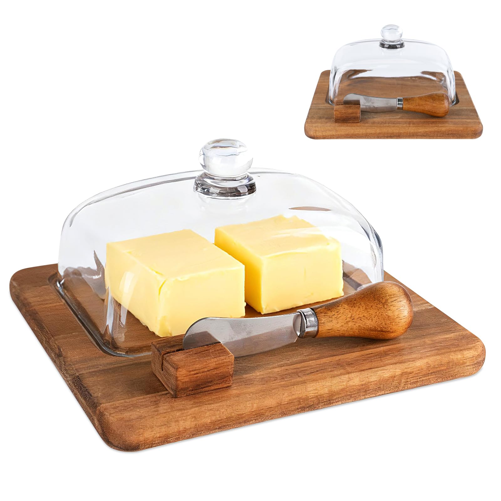 View 1 of ***missing cover***Acacia Wood Butter Dish with Lid and Knife for Countertop and Refrigerator – Elegant Butter Keeper for Kitchen Accessories & Decor