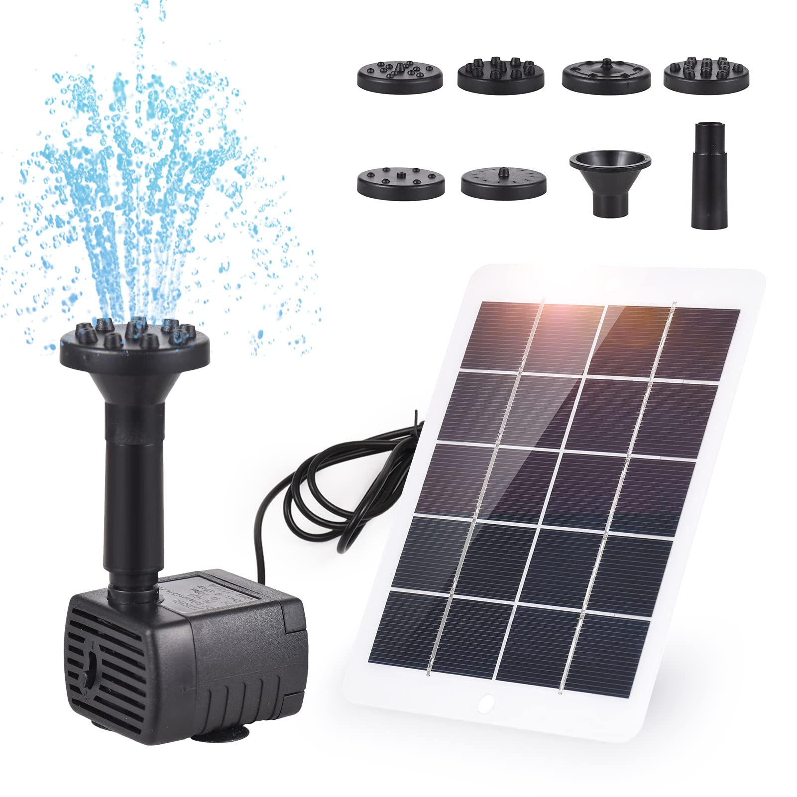 Irishom 3W/5V Solar Water Pump Kit Solar Fountain Pump for Bird Bath with 7 Nozzles for Fish Tank Small Pond Garden Decoration