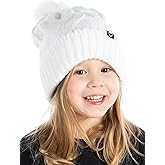 Funky Junque Toddler Girl Winter Hat Beanie with Faux Fur Pom Pom, Warm Cable Knit Fleece Lined Cap, Ages 2-5
